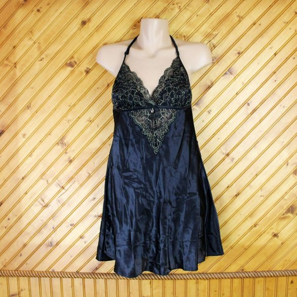 NWT La Vie en Rose Black Satin Nightie Lace Metallic Gold Small SW15 - Picture 2 of 10